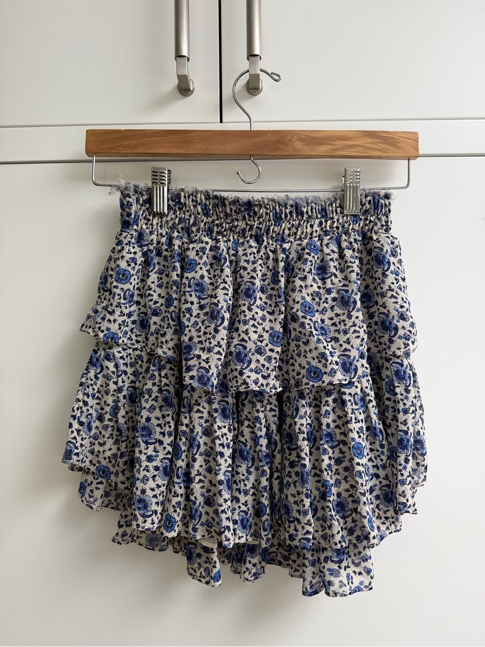 LoveShackFancy Blue Floral Tiered Ruffle Mini Skirt